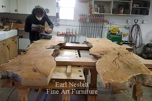 Earl rough sanding mesquite slabs for live edge dining table